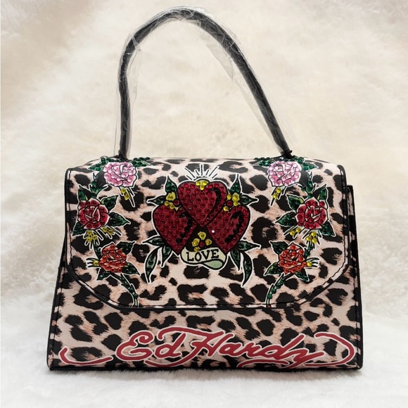 NWT Ed Hardy Leopard Print Rhinestone Handbag Crossbody - Picture 2 of 10